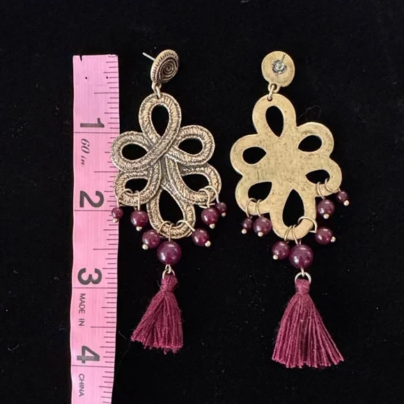 Bundle of 3 Bohemian Chandelier and Tassel Earrings Red/Maroon - Picture 4 of 5